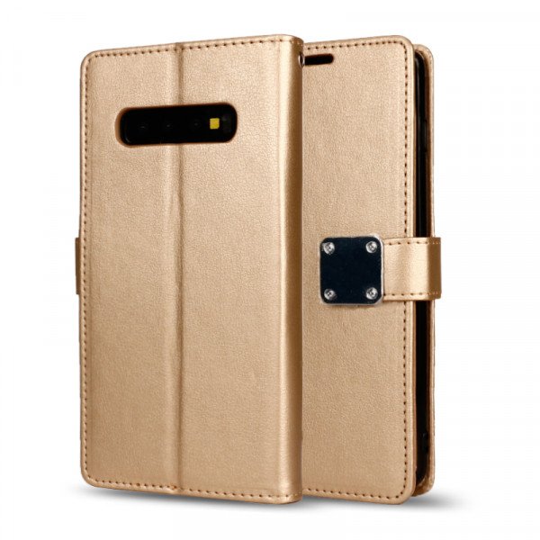 Wholesale Galaxy S10 Multi Pockets Folio Flip Leather Wallet Case with Strap (Gold)